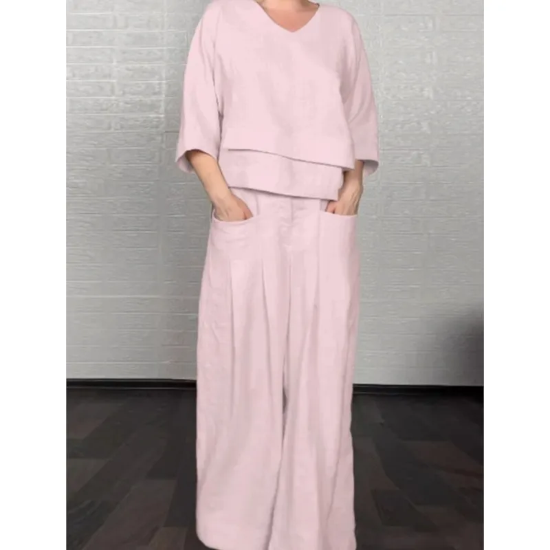 

Casual Loose Irregular Cotton Linen Women's Top Set Spring Summer New Fashion Pocket Wide-leg Pants For Women Office 2-piece Set