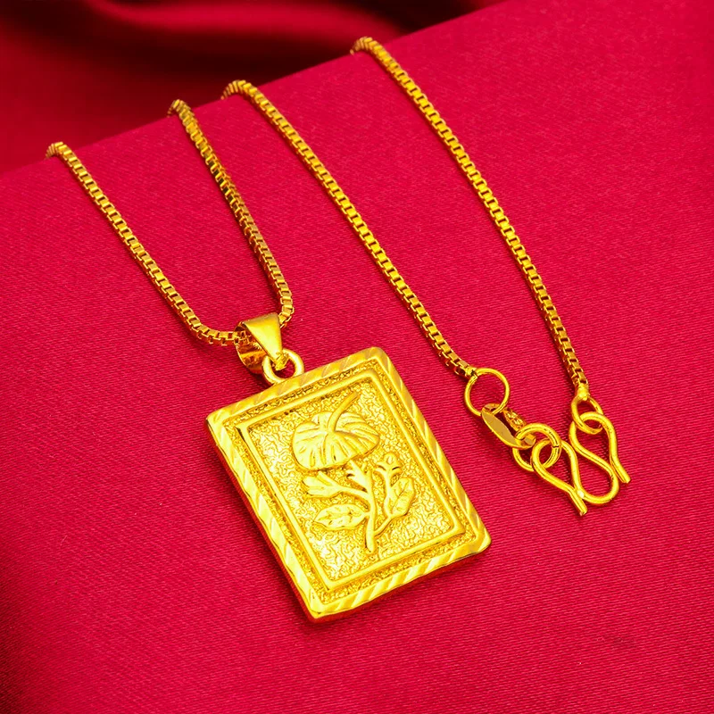 Fashionable Women's Square Plate Necklace (24K AU999) - Hollow Plate with Bead, Shiny Chain, Wedding Look,Timeless Gilt Mark