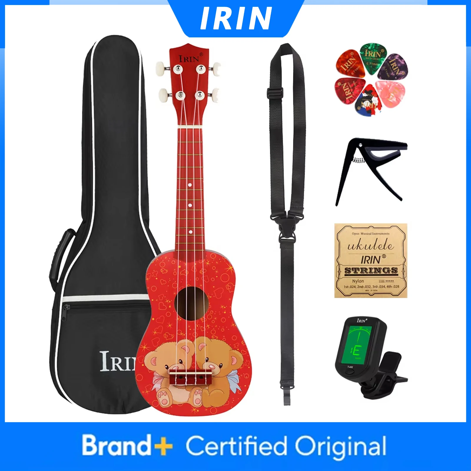 

Укулеле IRIN 21 дюйм, 4 струны, гавайская гитара, мини-укулеле Bear с чехлом, струнами, тюнером, капо, гитарные запчасти и аксессуары