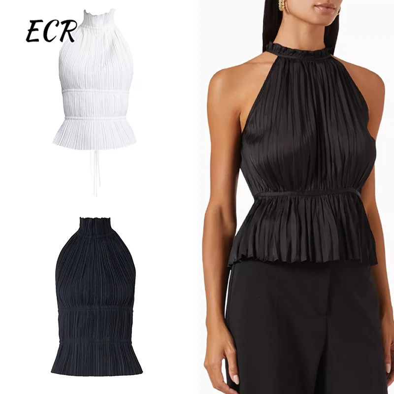 ECR Solid Patchwork Lace Up Sexy Tank Tops For Women Halter Sleeveless Backless Spliced Folds Minimalist Slimming Vests Female