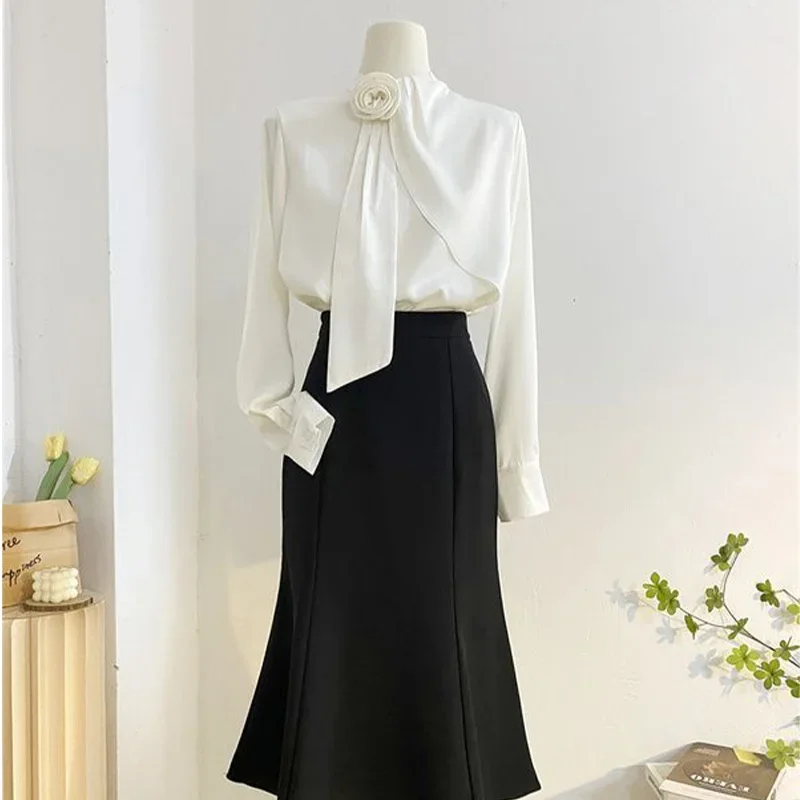 Office Lady French Shirt Women's Flower Streamer Long Sleeve Top Spring Long Sleeve Loose Solid Elegant Blouses