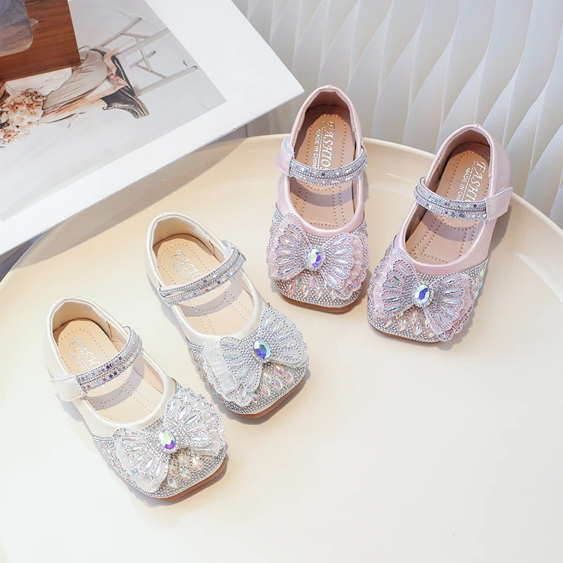 Girls Sequins Princess Shoes with Butterfly-knot Kids Crystal Mary Janes Shoes Fashion Children Flats Party Wedding Shows Shoes
