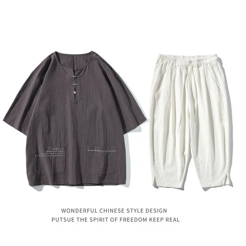 

Flat loose casual cotton linen Chinese style all-in-one T-shirt capri pants suit