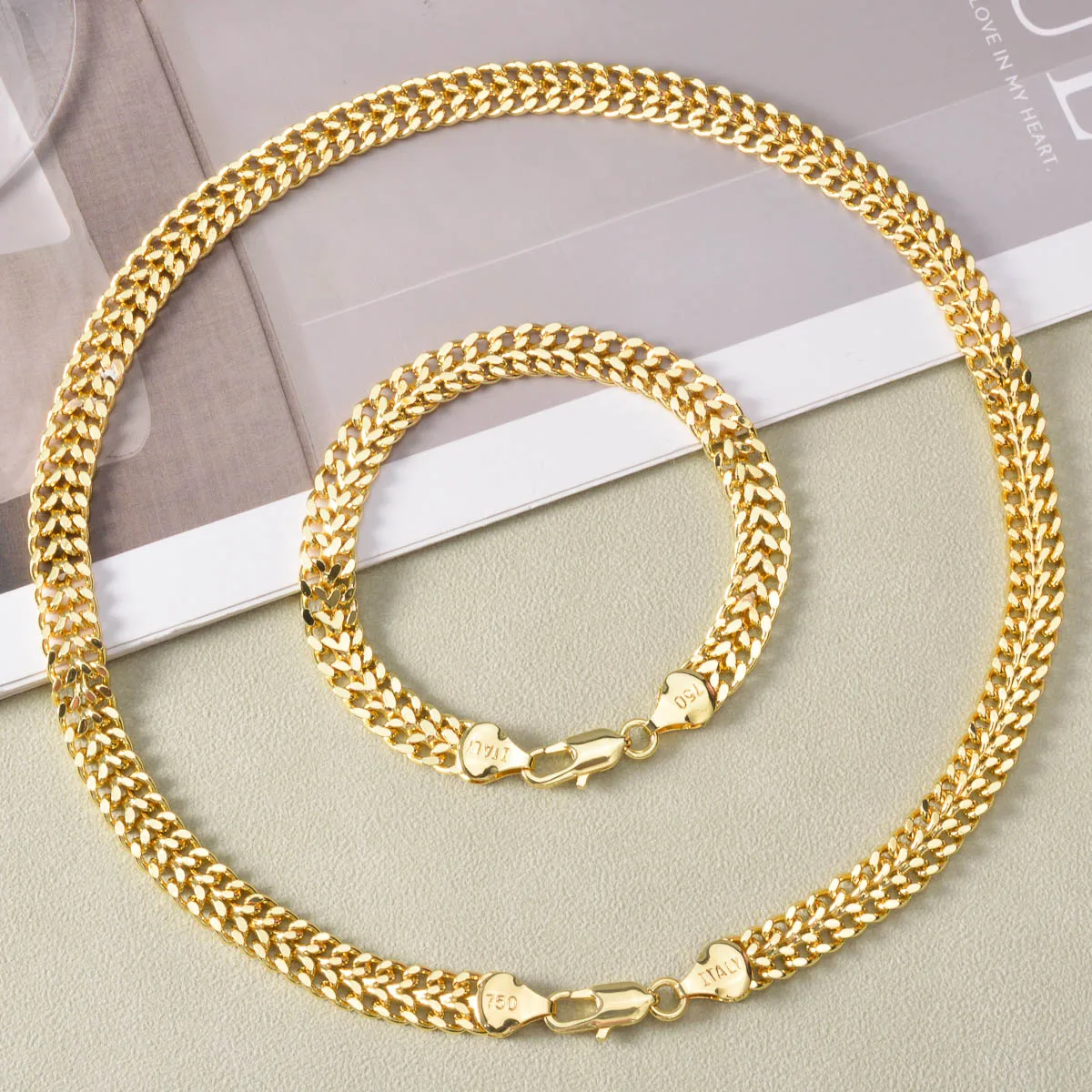 flat-miami-cuban-chain-jewelry-set-gold-plated-link-necklace-bracelet-matching-women-men-dating-daily-fashion-accessory-gift