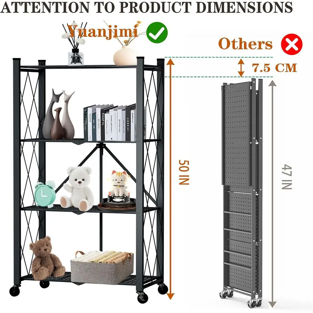 رف فولاذي قابل للطي عالي التحمل مكون من 4 طبقات مع عجلات، سعة 600 رطلاً، رف تخزين دوار للمطبخ والمخزن والمكتب - أسود