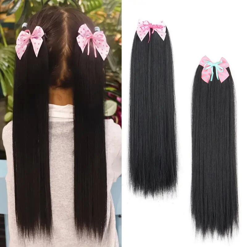 

Synthetic Long Wig Straight Hair Clip Bow Hair Accessory Cute Princess Shaped Hair ClipPonytail for Girls