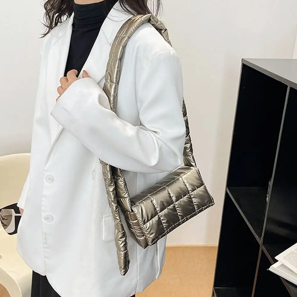 Fashion Quilted Tote Bag Lightweight Winter Warm Down Cotton Padded Plaid Shoulder Bag Women Underarm Bags Puffy Handbags