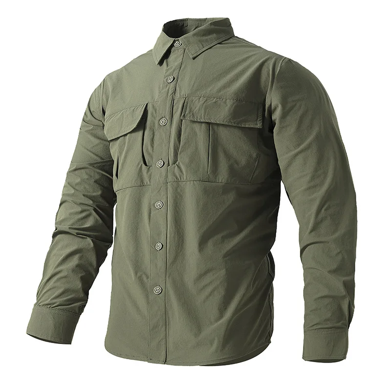 Men's Quick-Drying Ice Silk Tactical Shirt 2025 Outdoor Waterproof Sunscreen Large Elastic Long-Sleeved Clothing