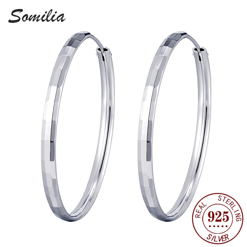 SOMILIA Simple and Elegant Women 925 sterling silver 30/40/50/60MM Big Circle square dazzling pattern Earring Wedding Gift