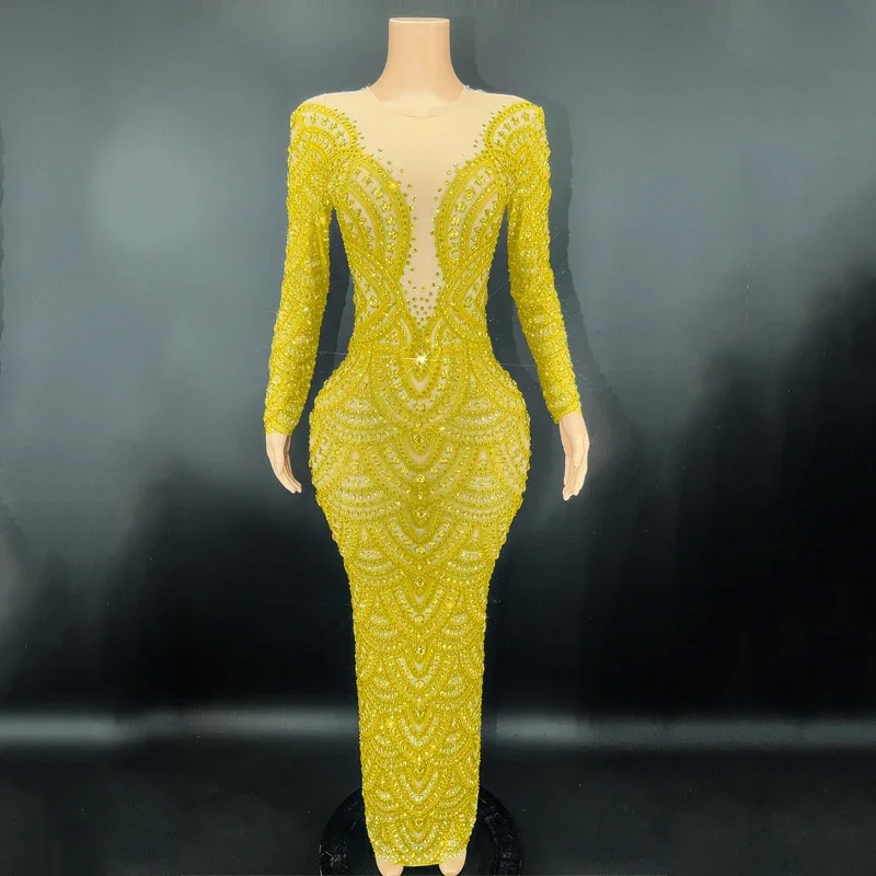 ชุดเดรสยาวประดับคริสตัล 9 สี แขนยาว สำหรับงานวันเกิด งานเลี้ยง งานพรอม ชุดแสดงบนเวที ชุดเดินแบบ รุ่น 5092