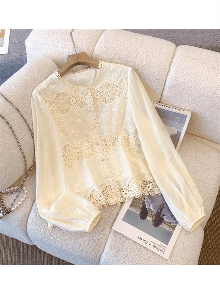 

Женская блузка в стиле ретро с кружевной отделкой, уникальная, модная, с длинным рукавом, круглым вырезом, повседневная, износостойкая, китайского производства