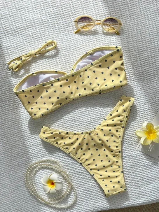 Yellow Polka Dot Bandeau Bikini Women Swimwear Female Swimsuit Two-pieces Bikini set Brazilian Bather Bathing Suit Swim XS - L