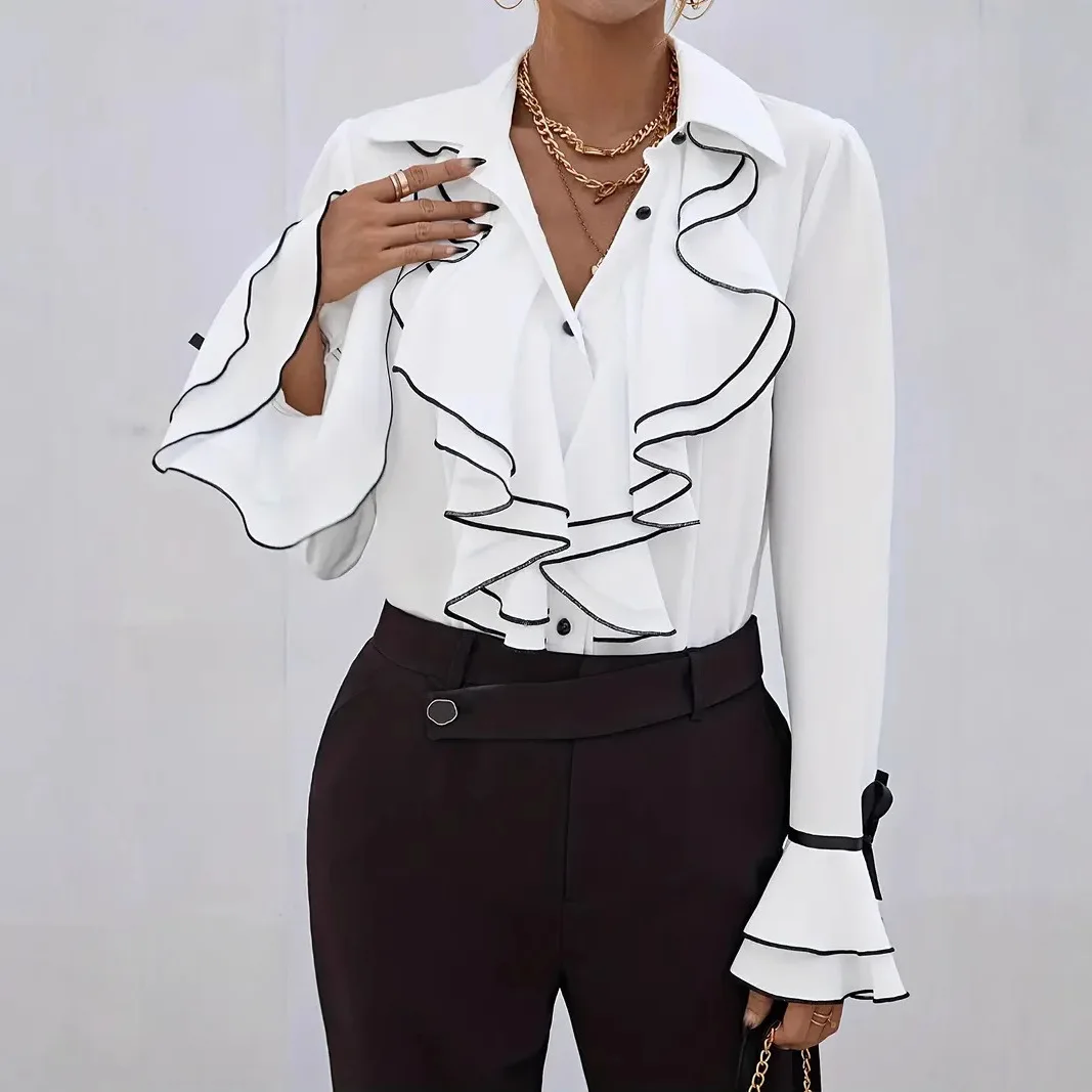 

Fashion Commuter Shirt Women Elegant Lapel Bow Flared Sleeve Sleeve Spliced ​​ruffle Single Breasted Shirt Spring New Casual Top