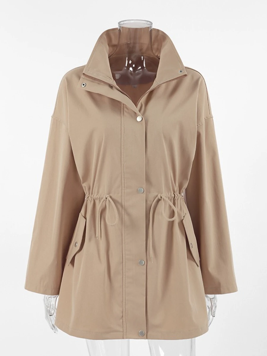 TWOTWINSTYLE chaqueta caqui básica de estilo medio para mujer, cuello levantado, manga larga, cordón empalmado, cortavientos holgado informal para mujer