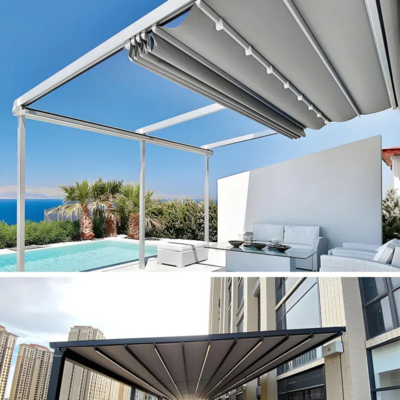 Sun Shading Awning Motorized Retractable Awning Pergola Outdoor Terrace Sliding Shades Retractable Roof for Restaurants or Bars