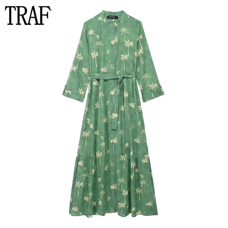 TRAF Green Print Shirt Dress Woman Belt Ruffle Long Dresses for Women Summer Beach Midi Dress Women Long Sleeve Female Dress