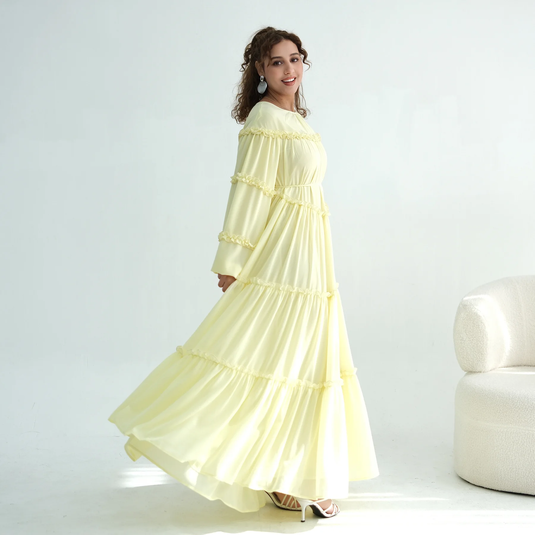 

Fashion Women Ruffles Long Sleeve Dress Dubai Abaya Turkey Kaftan Eid Djellaba Ramadan Caftan Marocain Femme Robe Islam Jalabiya