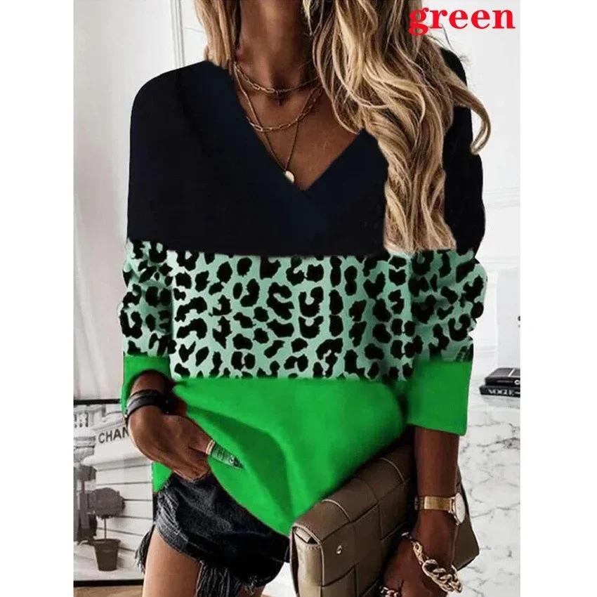 2022 Women Fashion Plus Size Loose Casual Blouses Long Sleeve Leopard Print Floral Print V Neck Spring And Autumn Tops