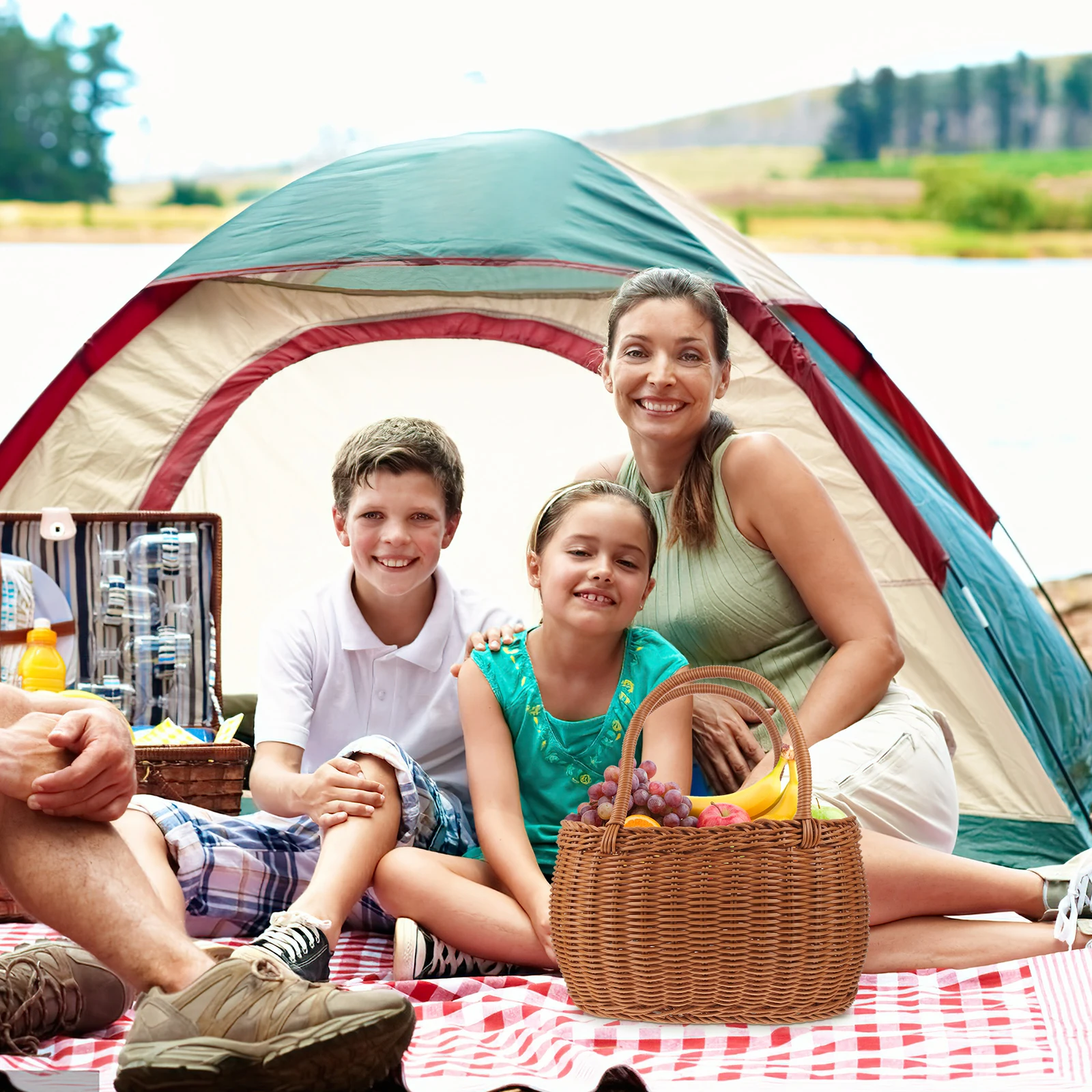 

Woven Basket Imitation Rattan Portable Picnic Fruit Snack Storage Holder Rustic Artistic Home Decoration Multifunctional