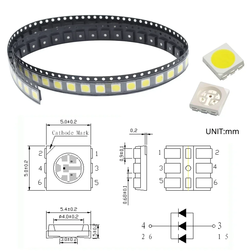 1000Pcs 5050 RGB Chips Lamp Emitting Diode LED Ciepły Biały Czerwony Niebieski Żółty SMD SMT Superjasne Światła Dekoracja Ogród Park Yard