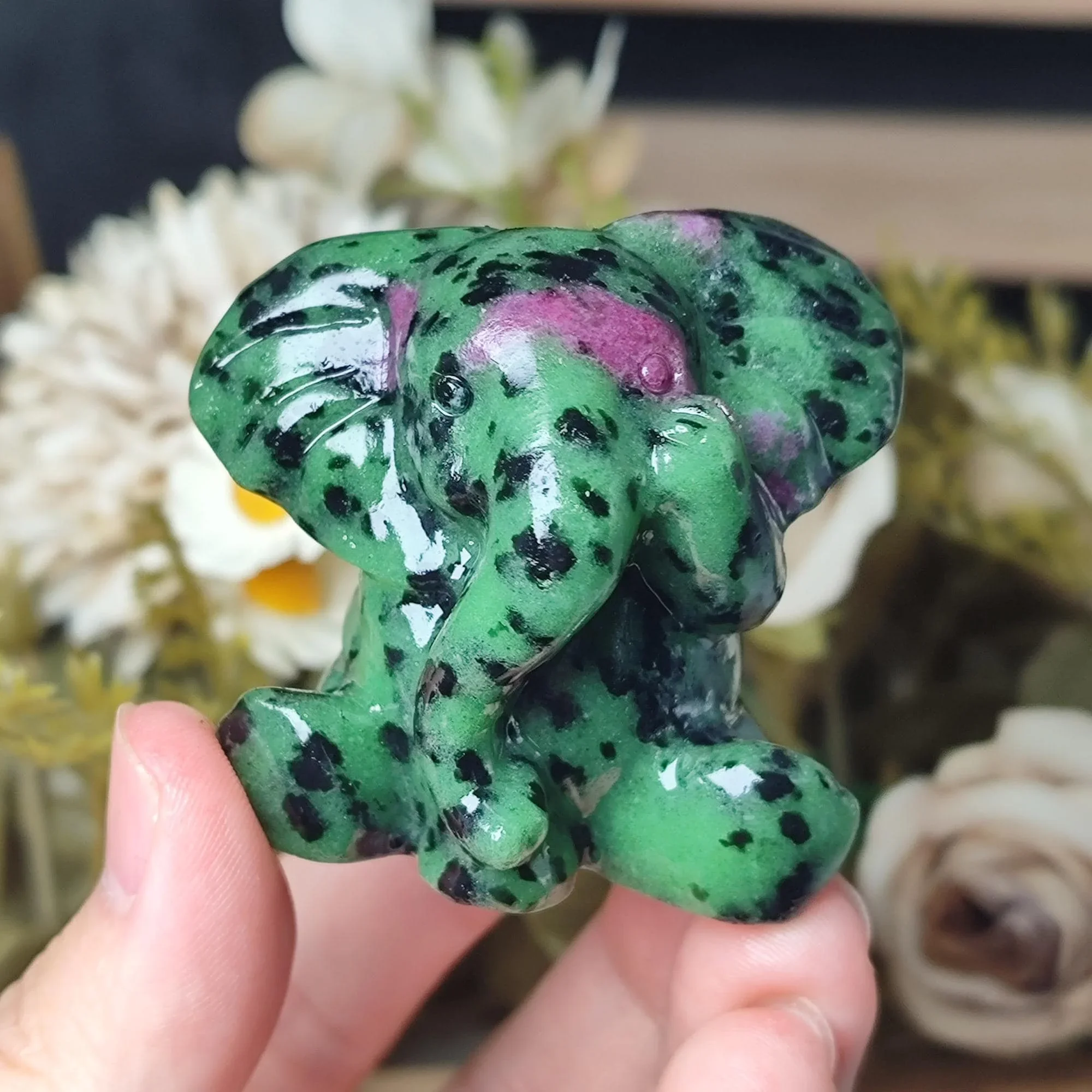 Random Natural Crystal Elephant Carving, Serpentine / Ruby Zoisite / Yellow Calcite Figurine,  Healing Stone Home Decor