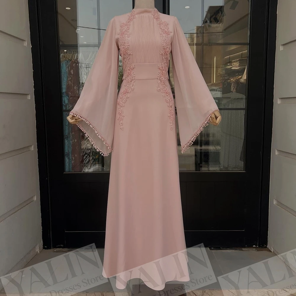 

Women's A-line Evening Dresses Floor-length High-neck Full Sleeve Prom Dresses Fashion Beading Flowers Draped Customized Gowns