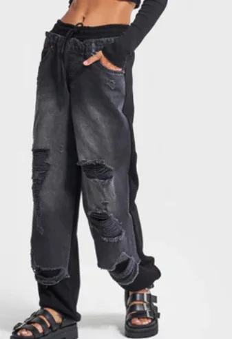 Hong Kong Style Street Thin Ripped Jeans Lace-Up Spring and Summer