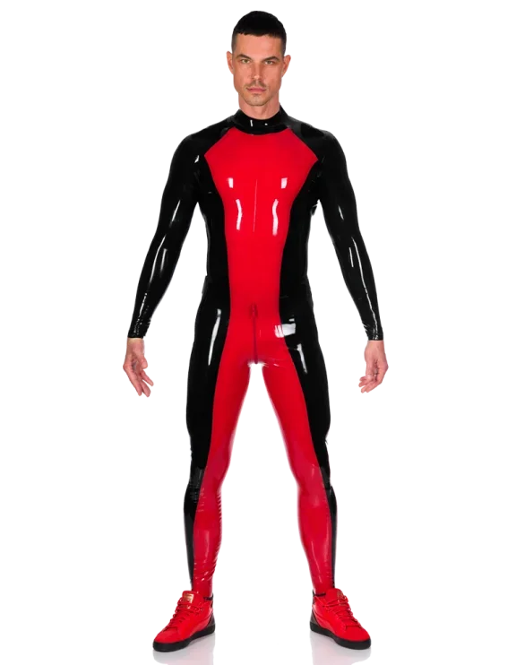 100% Latex Rubber Black&Red Bodysuit Tight Suit polishing Outfit Zip 0.4mm fashion