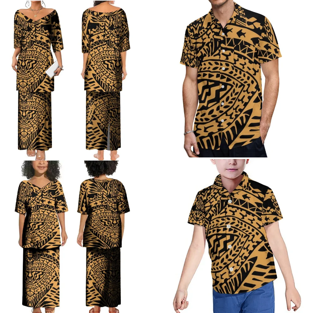 Family Clothing Samoan Floral Custom Pattern Adult Children Polynesian Dress Elegant Temperament Puletasi Dress Fashion Shirt