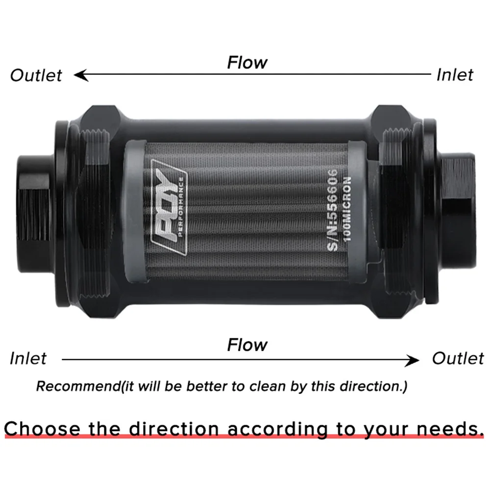 PQY BLACK AN6 / AN8 / AN10 Inline Fuel Filter E85 Ethanol With 100 Micron Stainless steel element and PQY sticker Red Blue Black