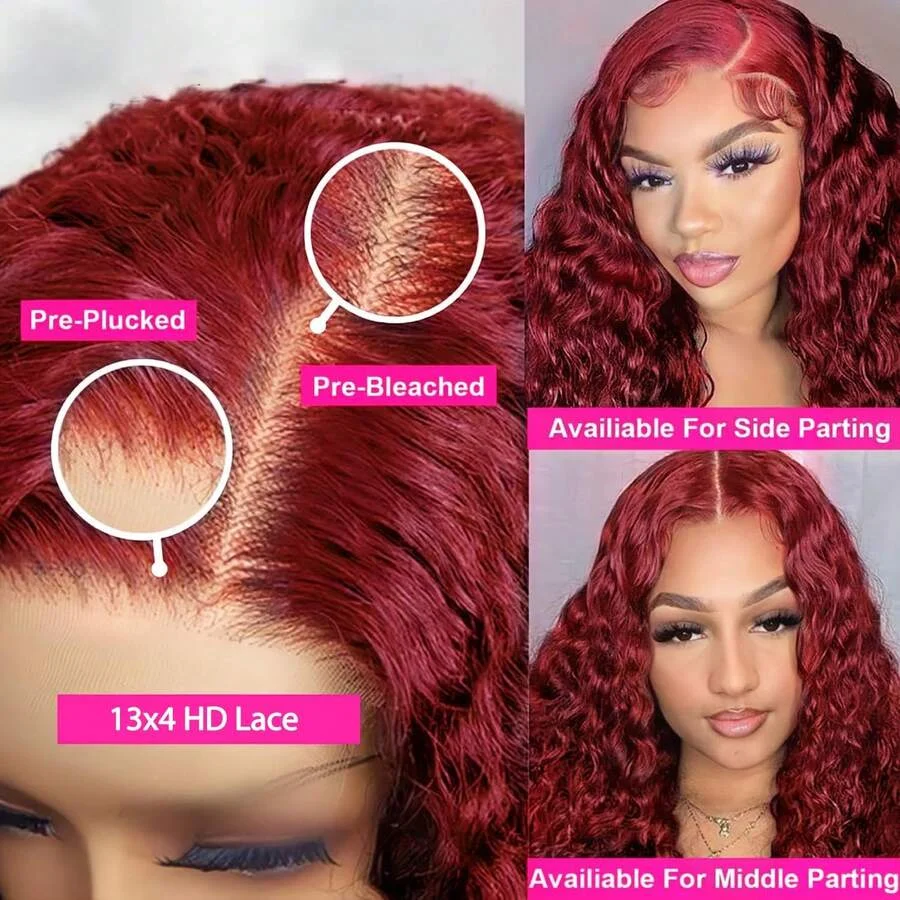 99J Burgundy Lace Front Wigs Human Hair 13x4 Water Wave Lace Front Wigs Human Hair Deep Curly Human Hair Lace Front Wigs - Image 5