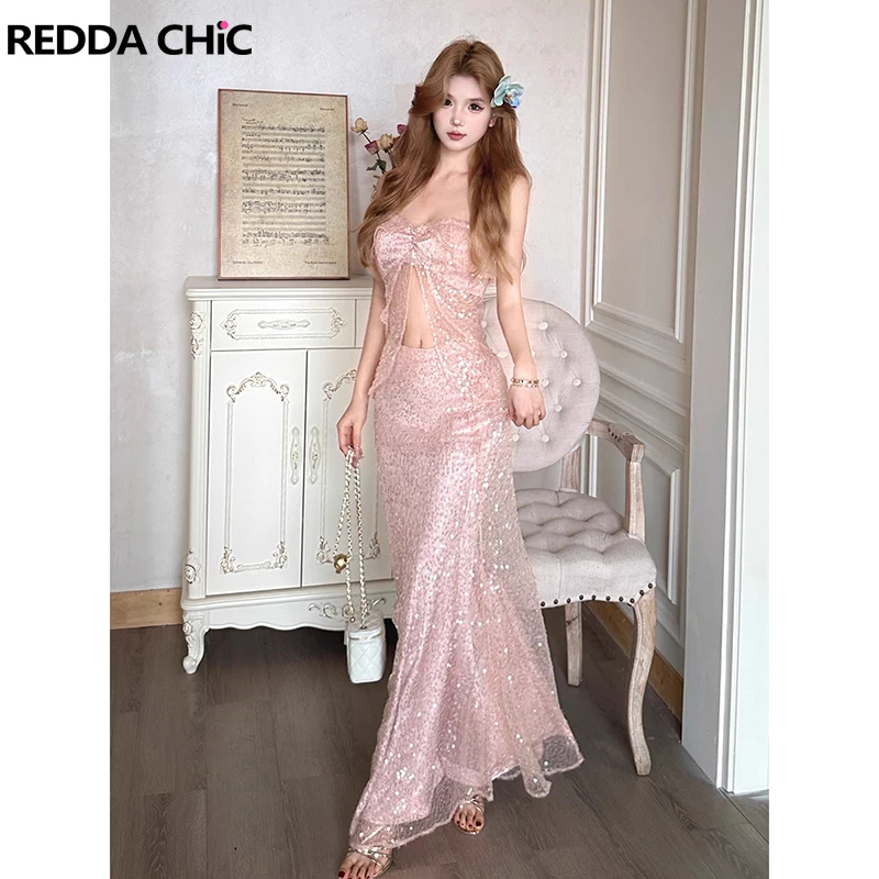 

ReddaChic Elegant Pink Sequin Top Skirt Women 2-piece Set Corset Top Long Fishtail Skirt Glitter Evening Party Summer Clothes