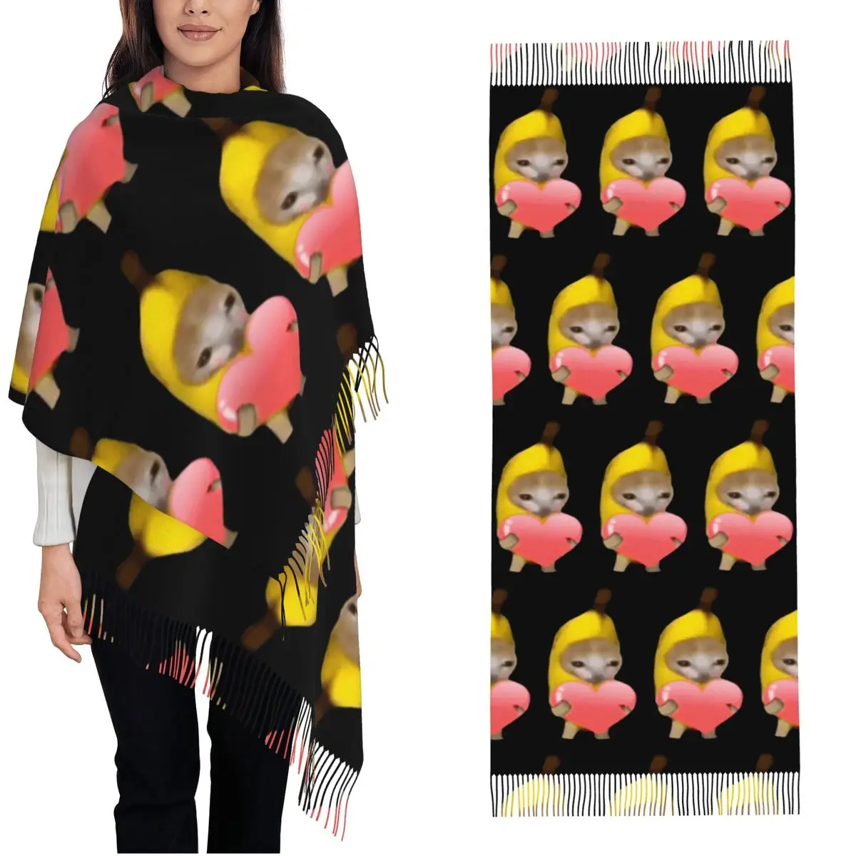 

Banana Cat Love Heart Scarf for Women Winter Warm Pashmina Shawls and Wrap Kawaii Long Large Shawl Scarf for Daily Wear