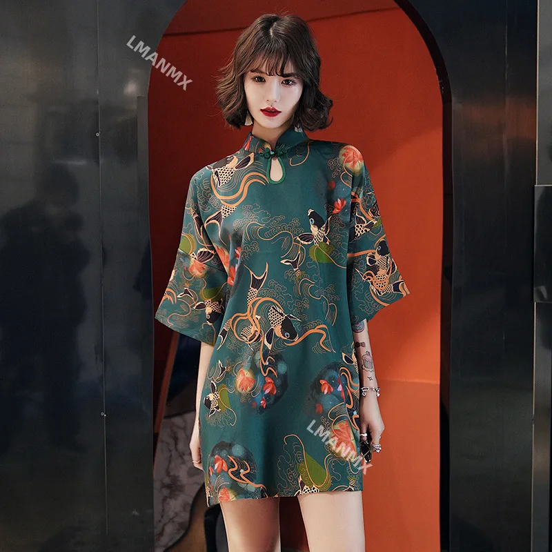 

Traditional Chinese Hanfu Women Retro Cheongsam Girl Japanese Harajuku Style Vintage Carp Crane Printed Party Qipao Dress