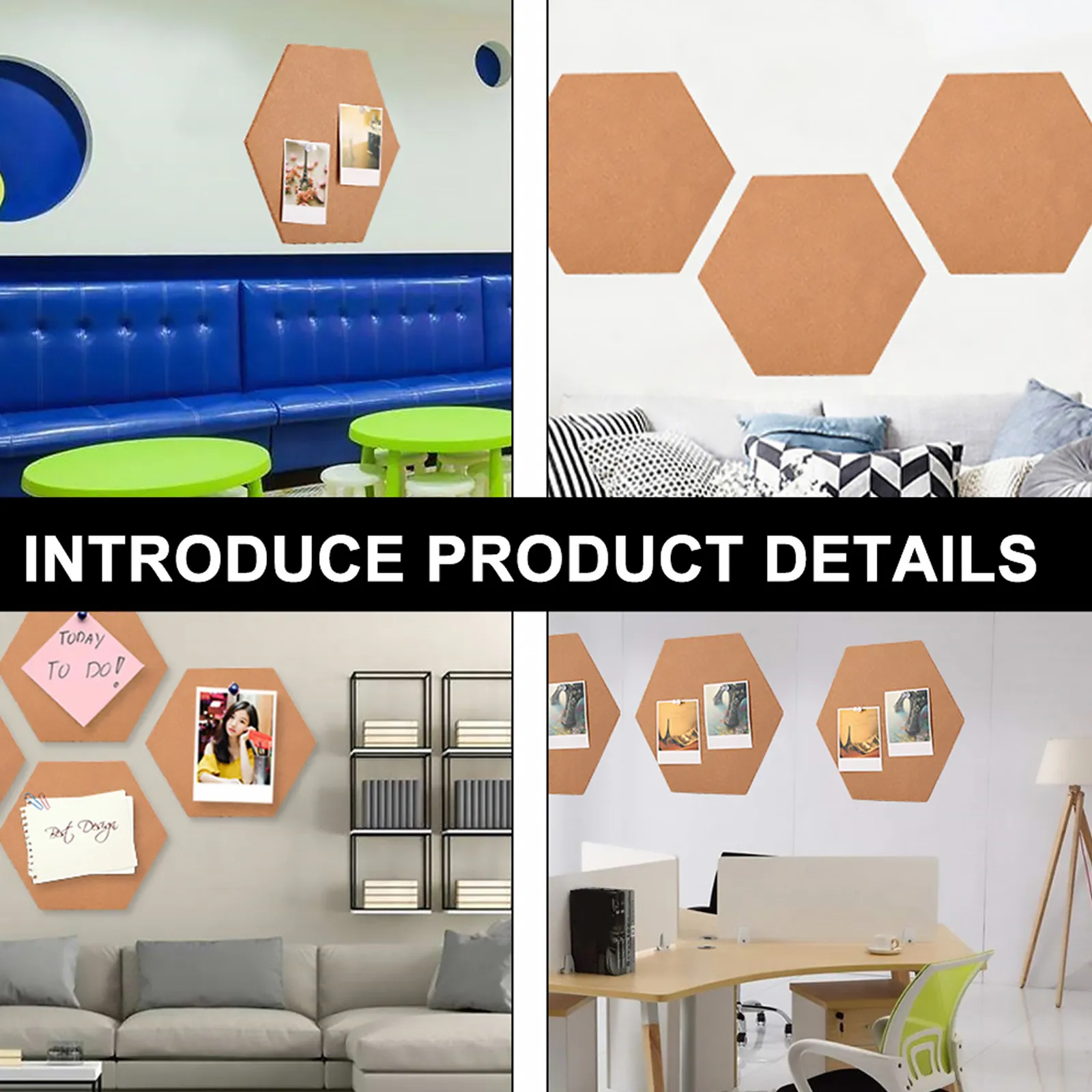 10Pcs Chic Hexagonal Cork Memo Boards Self-Stick Corkboard for Photo Display Message Notes Menu Board on Wall Glass Tile Wood view 4
