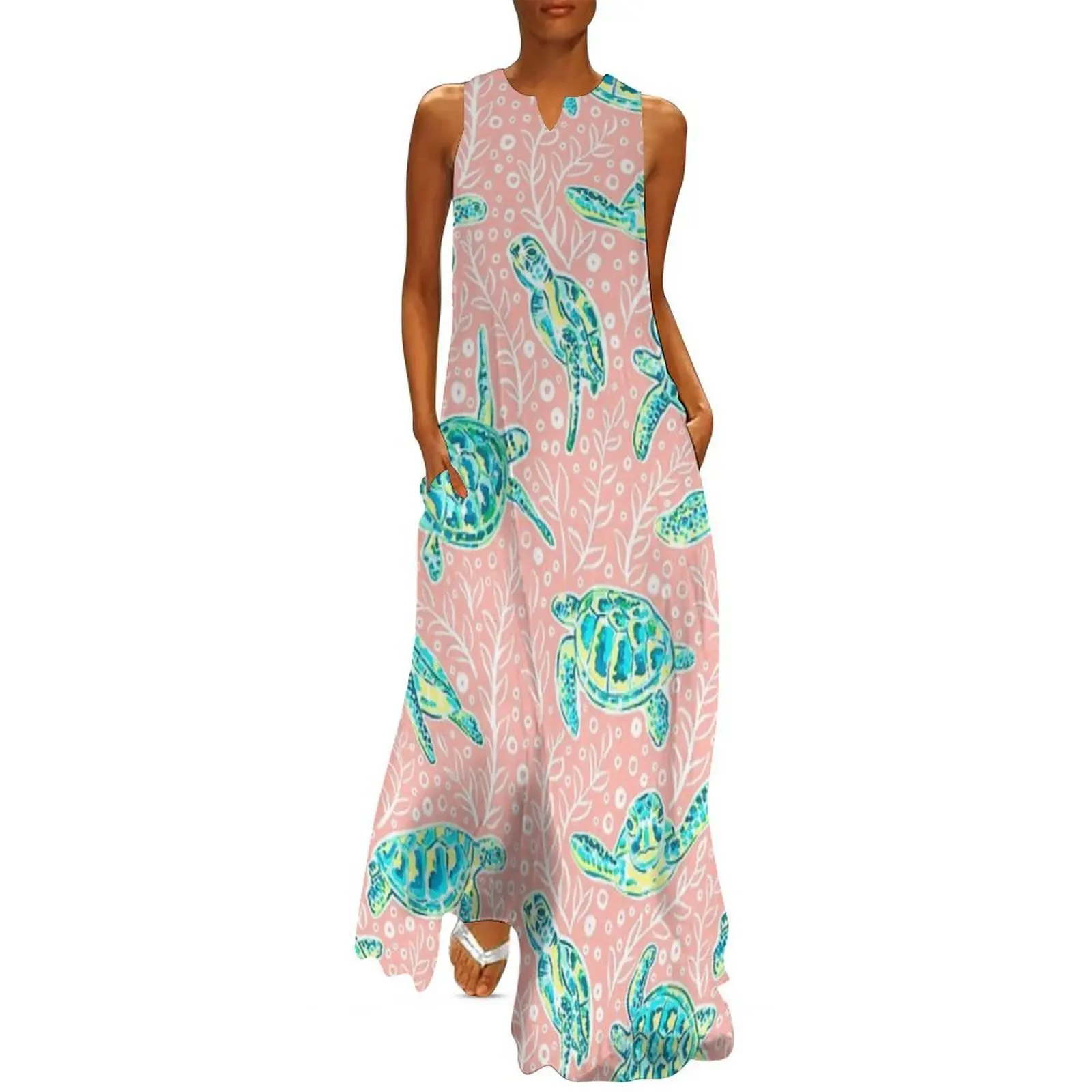 

Preppy Peach and Blue Turtle Pattern Long Dress Cocktail of dresses Dress for pregnant women dress for women summer