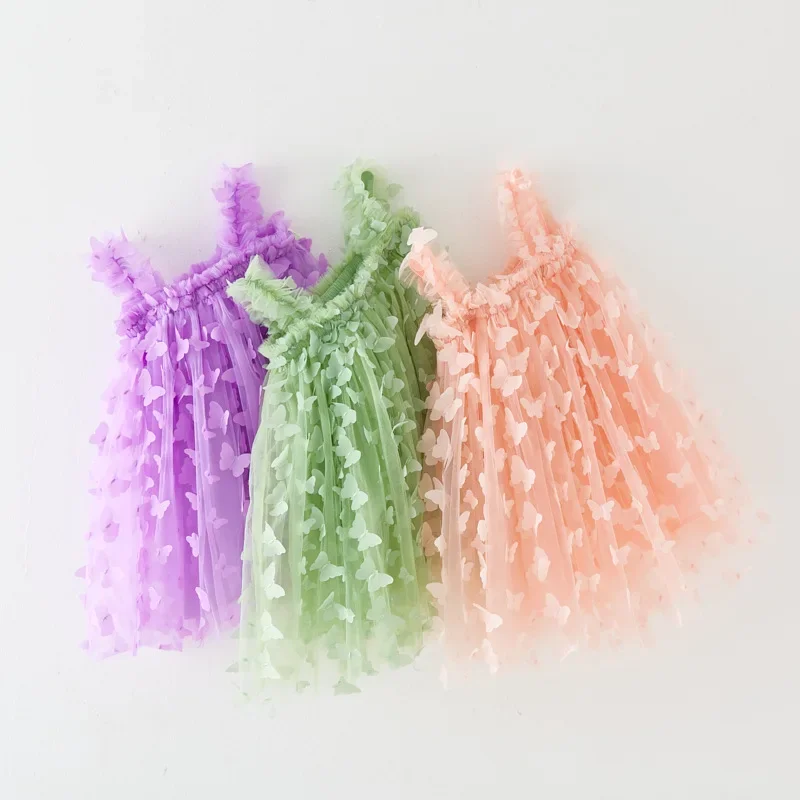 Baby Girl Party Dress Princess Birthday Clothes Back Bow Wing cinturino in tinta unita abito in Tulle Summer paillettes Stars Mesh Baby Dress