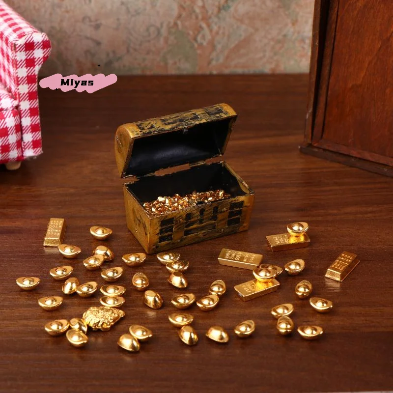1Set Dollhouse Miniature Treasure Box 1/12 Mini Simulation Pirate Treasure Chest Ingot Gold Bar Model Doll House Decor Accessory