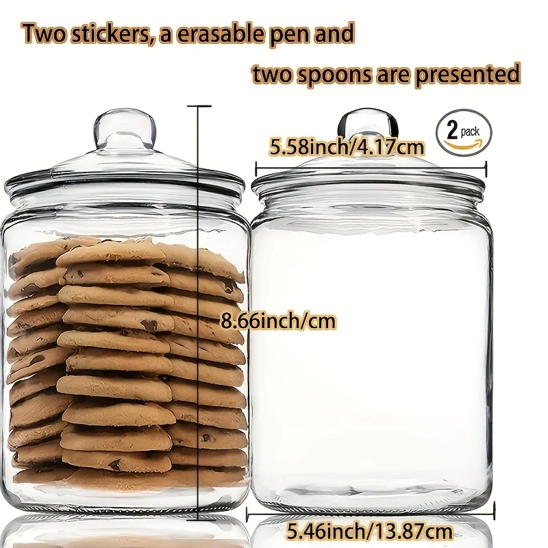 2pcs Glass Pantry Jar with Clamshell Lid for Pantry And Kitchen Countertops - Hand Washed, Reusable Round Container for Biscuits, Candy, Pasta - 1 Set Of 2pcs view 3
