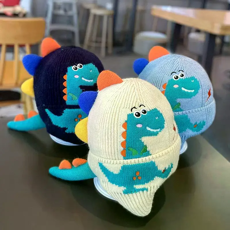 Winter Warm Baby Ear Protection Hat 3D Dinosaur Kids Earmuffs Cap Cartoon Toddler Woolen Knitted Hats 2-6 Years Children Beanie