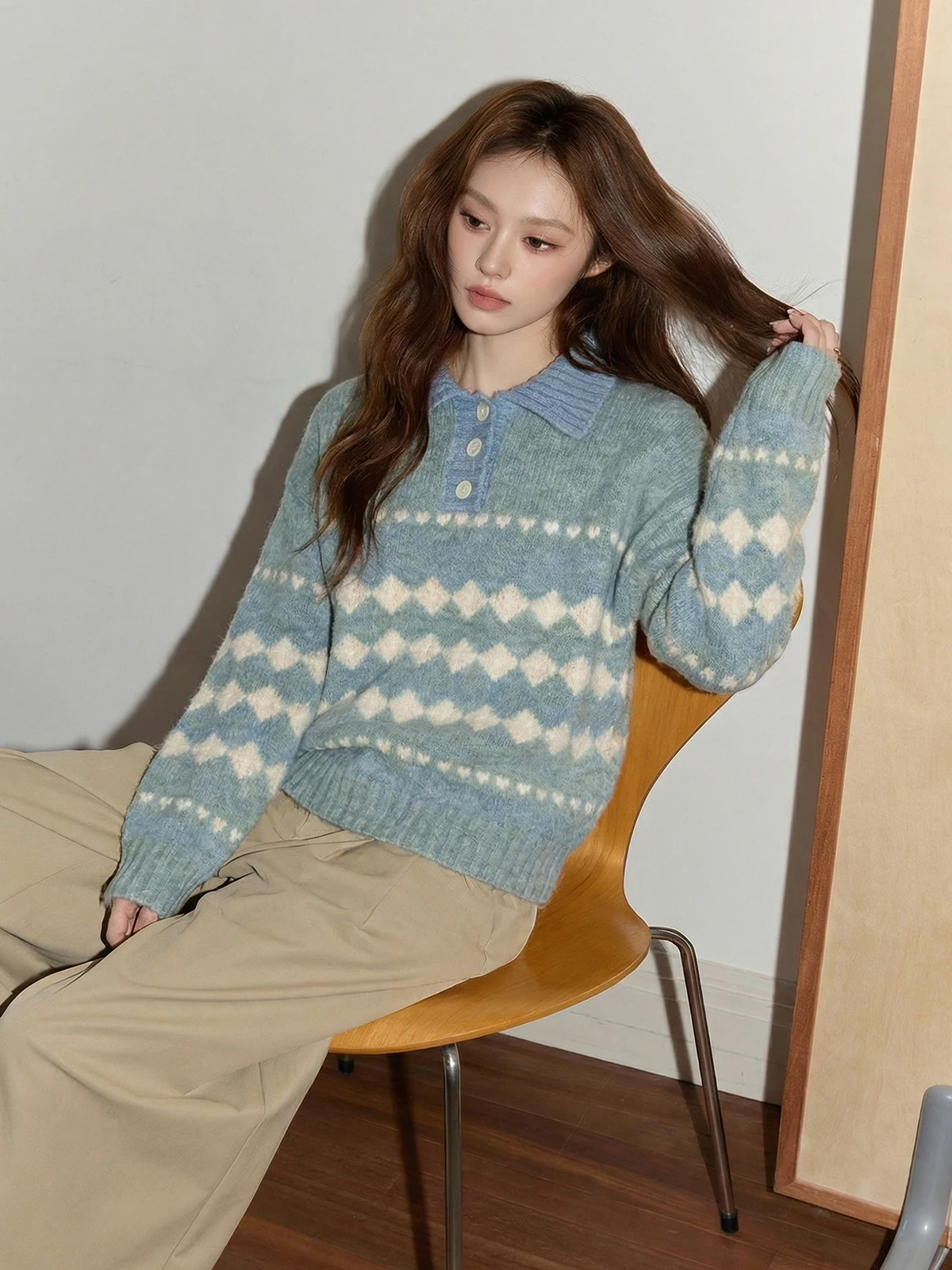 

Women's Thiened Knitted Sweater Fair Isle Pattern Collar Sweater Winter Inner Wear Soft Lazy Loose Fit Knitwear Top