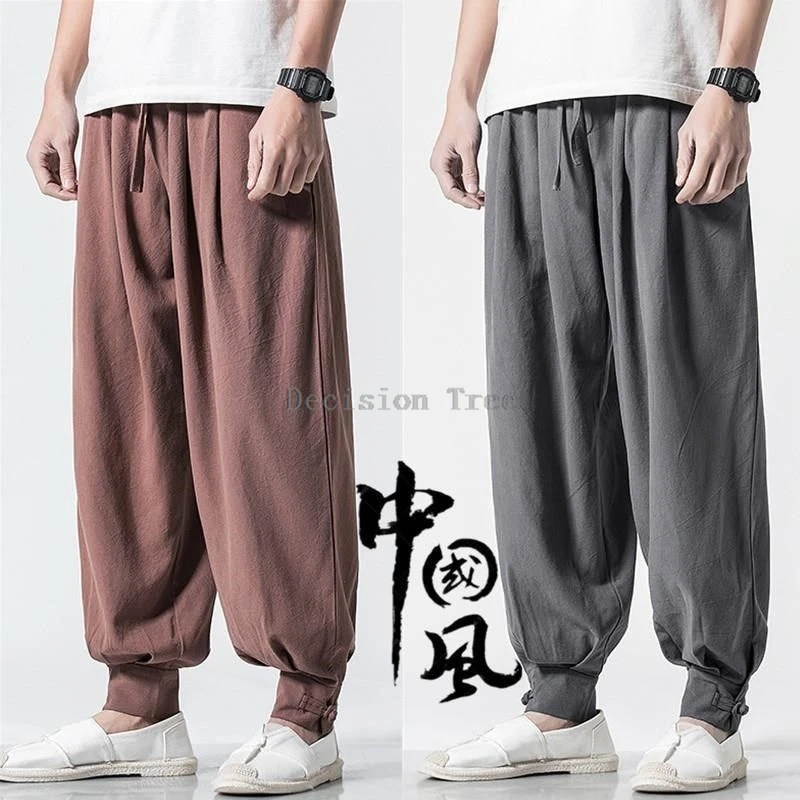 2025 chinese style zen temperament monk daily kungfu pants leisure comfortable men's wushu pants simple pure color trousers