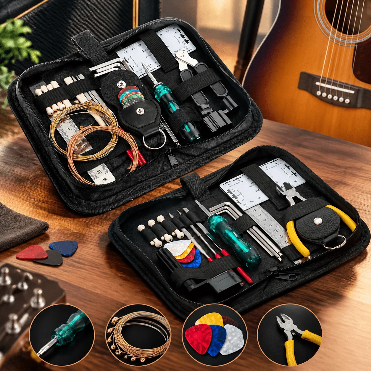 23/30-in-1 Guitar Tool Kit Set Multi-Purpose Repair Accessories with Carrying Case Strings Picks Bridge Pins Ruler Files TMZ