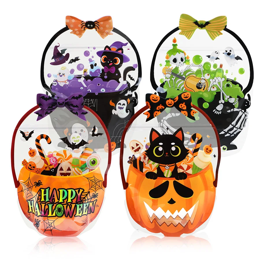 12/24 Stück Halloween-Süßigkeitentüten mit Katzenmuster, transparente, selbstdichtende Standbeutel, Partygeschenke, Snack-Verpackungsbeutel, Süßes oder Saures