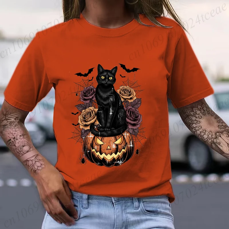 Halloween crânio arco abóbora camisa engraçado retro gato preto camisetas temporada assustadora gráfico t camisa para mulher manga curta topos
