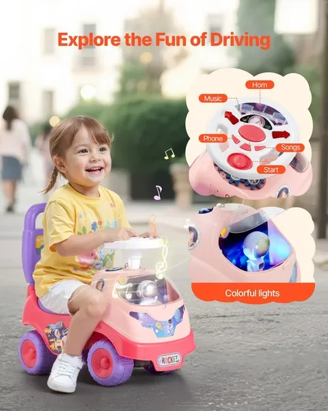 Samochodzik do pchania dla malucha, 19-36 miesięcy, zabawka dla dzieci z klaksonem i muzyką, udźwig 22 kg, schowek pod siedzeniem, różowy