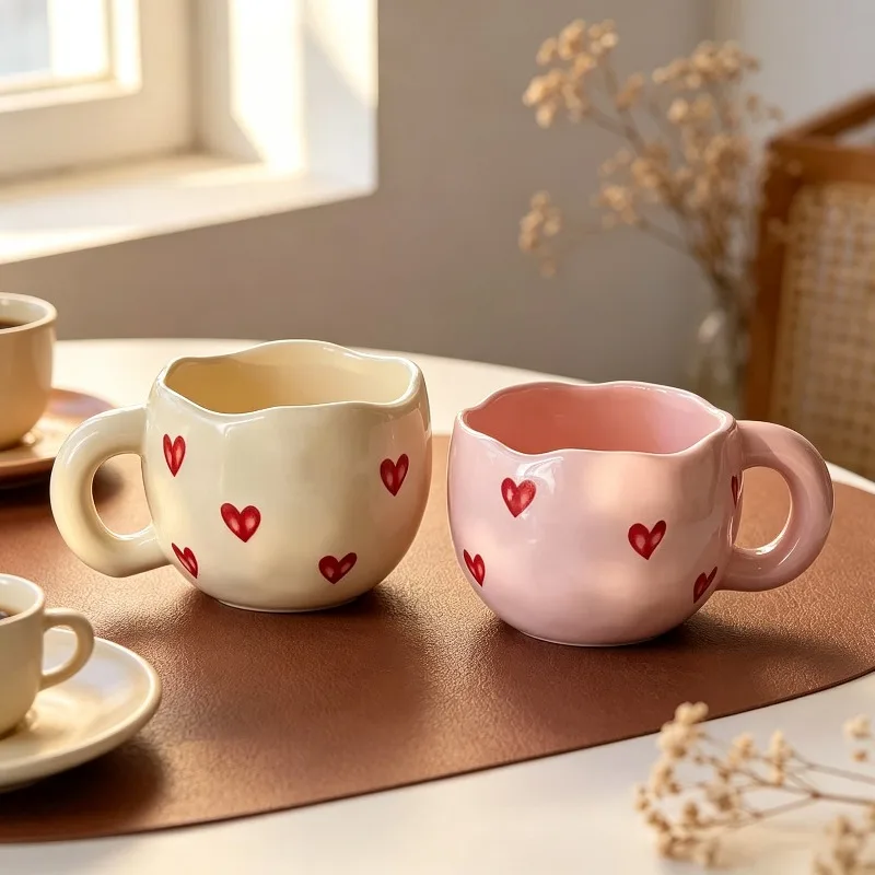Minimalist Luxury Red Heart Ceramic Mug with Handle Creative High‑Appearance Coffee Milk Drinking Cup for Home Daily Use