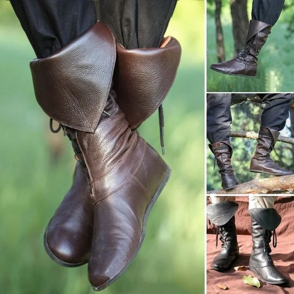 Cosplaydiy Middeleeuwse lederen schoen voor heren Middeleeuwen enkellaarzen Victoriaanse Renaissance laarsschoenen