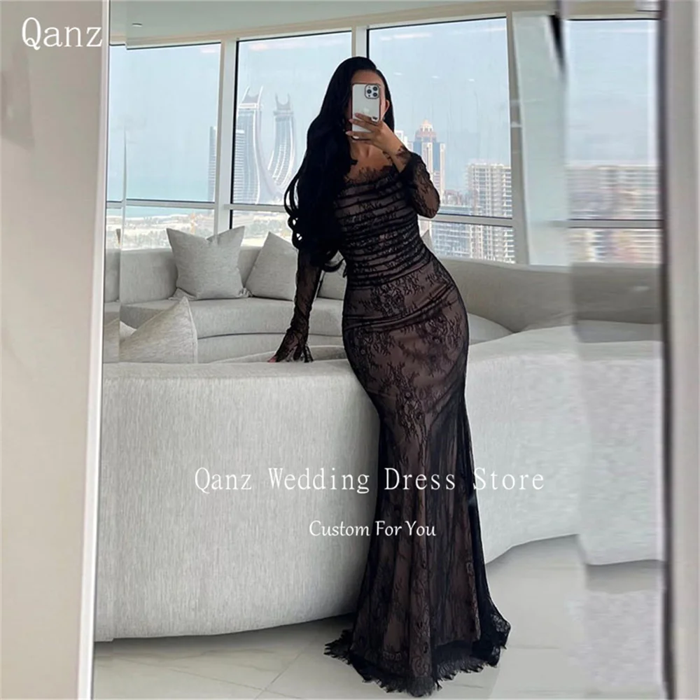 Qanz Dubai Black Lace Evening Dresses Long Sleeves Mermaid Vestidos De Fiestas Elegantes Mujer Customized Arabia Party Dresses