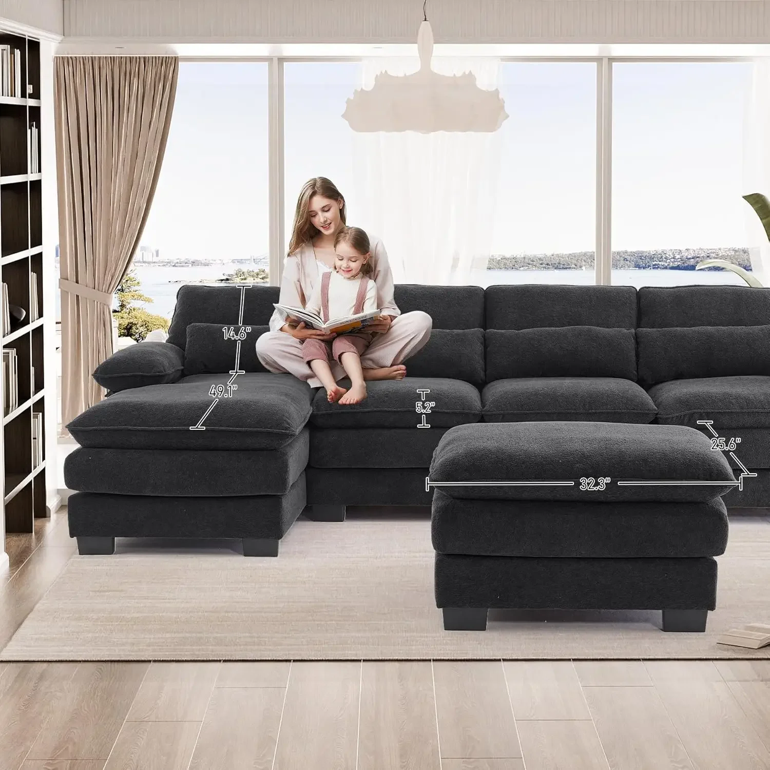 Sofa segmentowa w kształcie litery U Cloud Couch Wygodna sofa modułowa, Sofa rozkładana w kształcie litery L z szezlongiem, otomana i poduszki